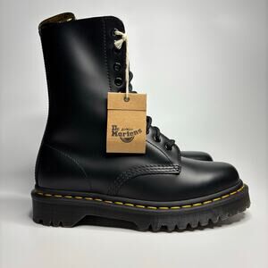 Dr. Martens 1490 Bex 10-Eye Smooth Leather Mid Calf Boots in Black